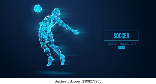 Abstract wireframe silhouette of a soccer, football player from triangles and particles on blue background. Soccer player man hits the ball. Vector illustration