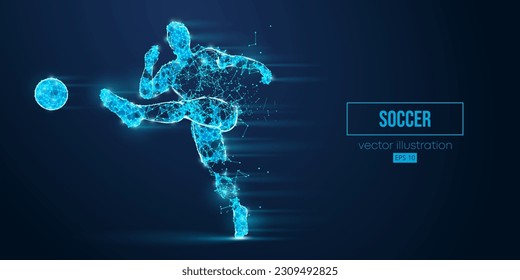 Abstract wireframe silhouette of a soccer, football player from triangles and particles on blue background. Soccer player man hits the ball. Vector illustration