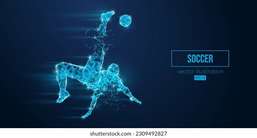 Abstract wireframe silhouette of a soccer, football player from triangles and particles on blue background. Soccer player man hits the ball. Vector illustration