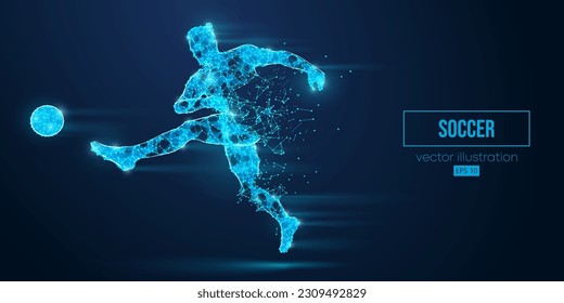 Abstract wireframe silhouette of a soccer, football player from triangles and particles on blue background. Soccer player man hits the ball. Vector illustration