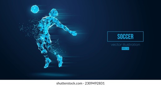 Abstract wireframe silhouette of a soccer, football player from triangles and particles on blue background. Soccer player man hits the ball. Vector illustration