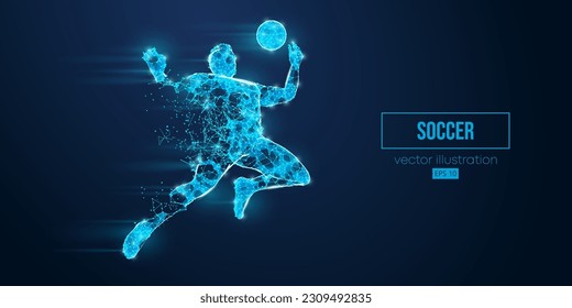 Abstract wireframe silhouette of a soccer, football player from triangles and particles on blue background. Soccer player man hits the ball. Vector illustration