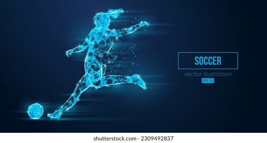 Abstract wireframe silhouette of a soccer, football player from triangles and particles on blue background. Soccer player man hits the ball. Vector illustration