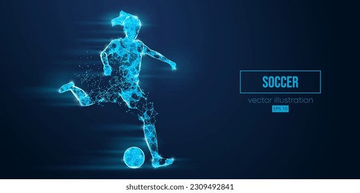 Abstract wireframe silhouette of a soccer, football player from triangles and particles on blue background. Soccer player man hits the ball. Vector illustration