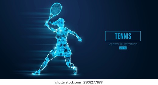 Abstract wireframe silhouette of a tennis player from triangles and particles on blue background. Tennis player man hits the ball. Vector illustration