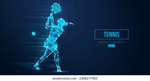 Abstract wireframe silhouette of a tennis player from triangles and particles on blue background. Tennis player man hits the ball. Vector illustration