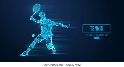 Resumen de la silueta de armazón de un tenista de triángulos y partículas sobre fondo azul. El jugador de tenis golpea la pelota. Ilustración del vector