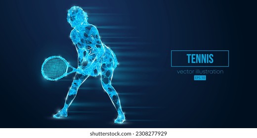 Abstract wireframe silhouette of a tennis player from triangles and particles on blue background. Tennis player man hits the ball. Vector illustration