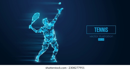 Abstract wireframe silhouette of a tennis player from triangles and particles on blue background. Tennis player man hits the ball. Vector illustration