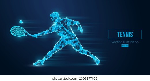 Abstract wireframe silhouette of a tennis player from triangles and particles on blue background. Tennis player man hits the ball. Vector illustration