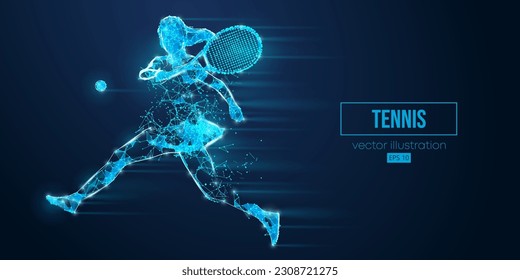 Abstract wireframe silhouette of a tennis player from triangles and particles on blue background. Tennis player man hits the ball. Vector illustration