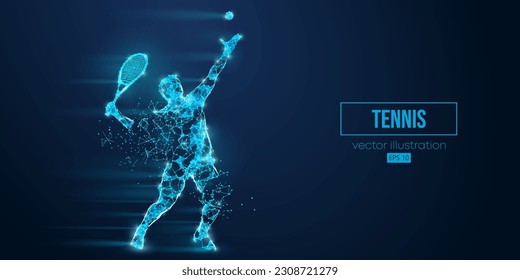 Abstract wireframe silhouette of a tennis player from triangles and particles on blue background. Tennis player man hits the ball. Vector illustration