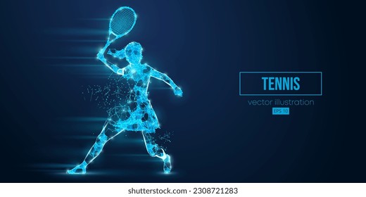 Abstract wireframe silhouette of a tennis player from triangles and particles on blue background. Tennis player man hits the ball. Vector illustration