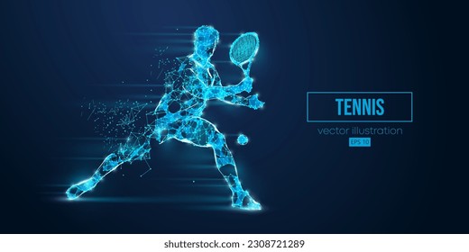 Abstract wireframe silhouette of a tennis player from triangles and particles on blue background. Tennis player man hits the ball. Vector illustration