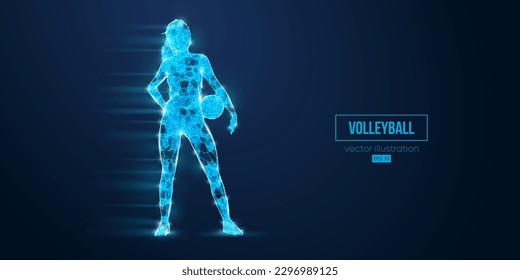 Abstract wireframe silhouette of a volleyball player from triangles and particles on blue background. Volleyball player woman hits the ball. Vector illustration