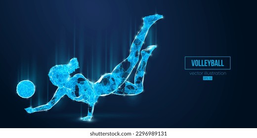 Abstract wireframe silhouette of a volleyball player from triangles and particles on blue background. Volleyball player woman hits the ball. Vector illustration