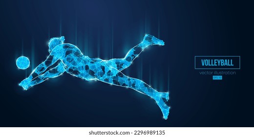 Silueta de armazón abstracto de un jugador de voleibol de triángulos y partículas sobre fondo azul. El jugador de voleibol golpea la pelota. Ilustración del vector