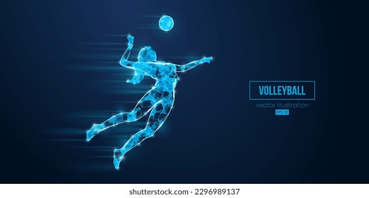 Abstract wireframe silhouette of a volleyball player from triangles and particles on blue background. Volleyball player woman hits the ball. Vector illustration