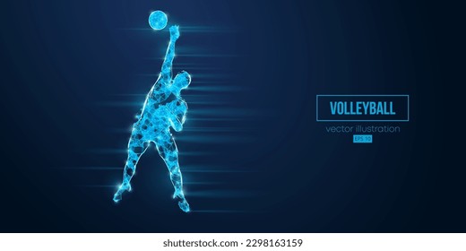 Abstract wireframe silhouette of a volleyball player from triangles and particles on blue background. Volleyball player man hits the ball. Vector illustration