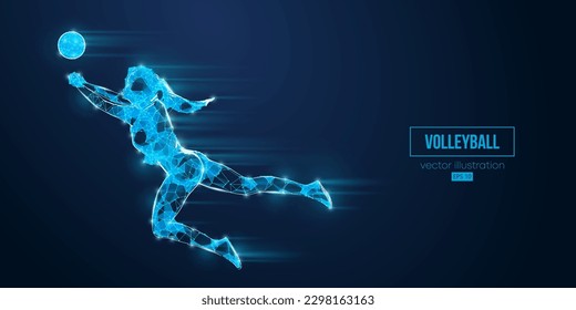 Abstract wireframe silhouette of a volleyball player from triangles and particles on blue background. Volleyball player woman hits the ball. Vector illustration