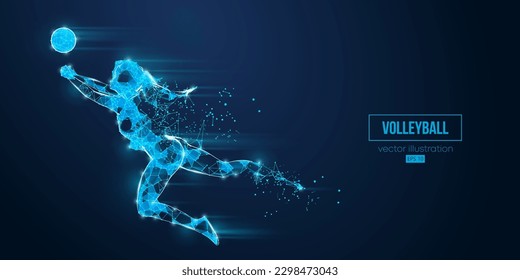 Abstract wireframe silhouette of a volleyball player from triangles and particles on blue background. Volleyball player woman hits the ball. Vector illustration