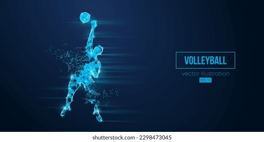 Abstract wireframe silhouette of a volleyball player from triangles and particles on blue background. Volleyball player man hits the ball. Vector illustration