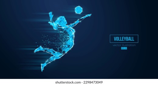 Abstract wireframe silhouette of a volleyball player from triangles and particles on blue background. Volleyball player woman hits the ball. Vector illustration