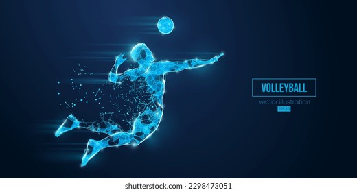 Silueta de armazón abstracto de un jugador de voleibol de triángulos y partículas sobre fondo azul. El jugador de voleibol golpea la pelota. Ilustración del vector