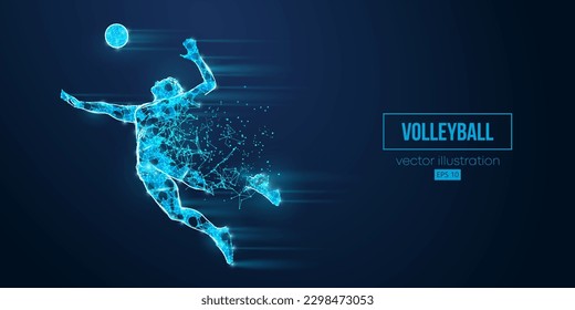 Abstract wireframe silhouette of a volleyball player from triangles and particles on blue background. Volleyball player man hits the ball. Vector illustration