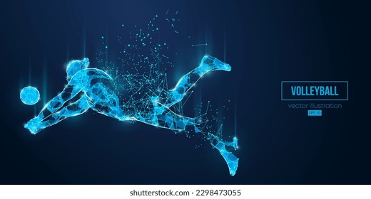 Abstract wireframe silhouette of a volleyball player from triangles and particles on blue background. Volleyball player man hits the ball. Vector illustration