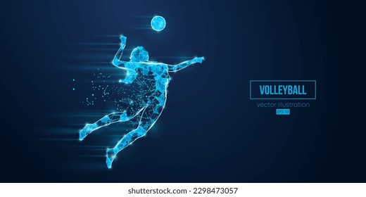 Abstrakte Wireframe-Silhouette eines Volleyballspielers aus Dreiecken und Partikeln auf blauem Hintergrund. Volleyballspielerin Frau trifft den Ball. Vektorgrafik