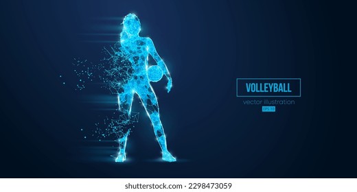 Abstract wireframe silhouette of a volleyball player from triangles and particles on blue background. Volleyball player woman hits the ball. Vector illustration