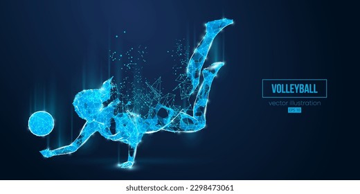 Abstract wireframe silhouette of a volleyball player from triangles and particles on blue background. Volleyball player woman hits the ball. Vector illustration