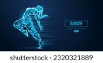 Abstract wireframe silhouette of a young hip-hop dancer from triangles and particles on blue background breake dancing woman isolated. Vector illustration