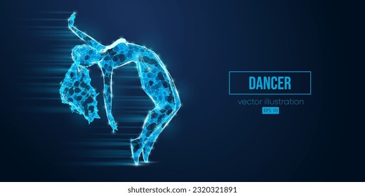 Abstract wireframe silhouette of a young hip-hop dancer from triangles and particles on blue background breake dancing woman isolated. Vector illustration