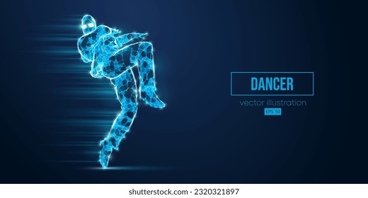 Abstract wireframe silhouette of a young hip-hop dancer from triangles and particles on blue background breake dancing man isolated. Vector illustration