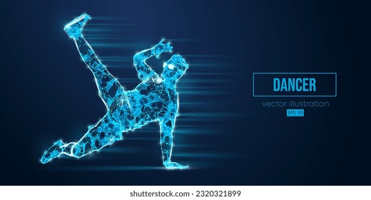 Abstract wireframe silhouette of a young hip-hop dancer from triangles and particles on blue background breake dancing man isolated. Vector illustration