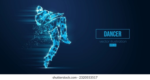 Abstract wireframe silhouette of a young hip-hop dancer from triangles and particles on blue background breake dancing man isolated. Vector illustration