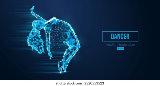 Abstract wireframe silhouette of a young hip-hop dancer from triangles and particles on blue background breake dancing woman isolated. Vector illustration