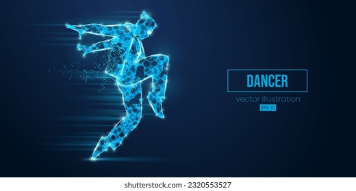 Abstract wireframe silhouette of a young hip-hop dancer from triangles and particles on blue background breake dancing man isolated. Vector illustration