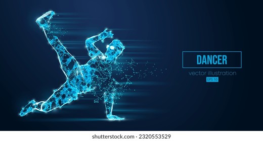 Abstract wireframe silhouette of a young hip-hop dancer from triangles and particles on blue background breake dancing man isolated. Vector illustration