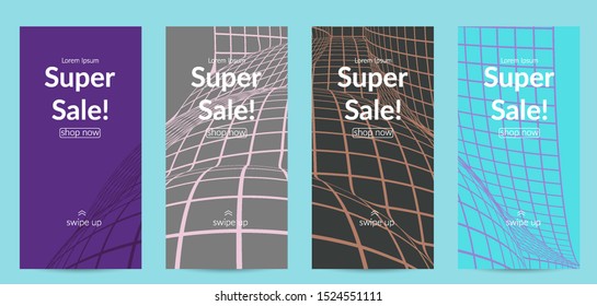Abstract wireframe social media template with visual distortion effect. Optical art background. Warped 3D space. Futuristic vector illustration with grid on flat colored background