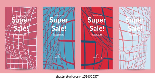 Abstract wireframe social media template with visual distortion effect. Optical art background. Warped 3D space. Futuristic vector illustration with grid on flat colored background