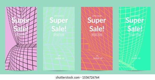 Abstract wireframe social media template with visual distortion effect. Optical art background. Warped 3D space. Futuristic vector illustration with grid on flat colored background