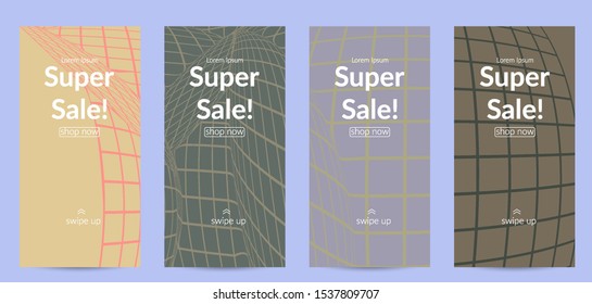 Abstract wireframe social media template with visual distortion effect. Optical art background. Warped 3D space. Futuristic vector illustration with grid on flat colored background