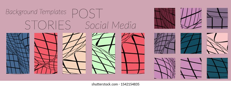 Abstract wireframe social media template with visual distortion effect. Optical art background. Warped 3D space. Futuristic vector illustration with grid on flat colored background