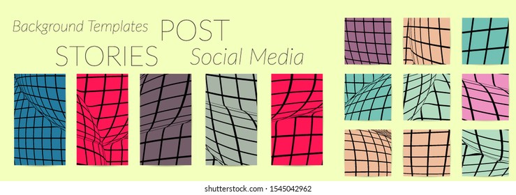 Abstract wireframe social media template with visual distortion effect. Optical art background. Warped 3D space. Futuristic vector illustration with grid on flat colored background