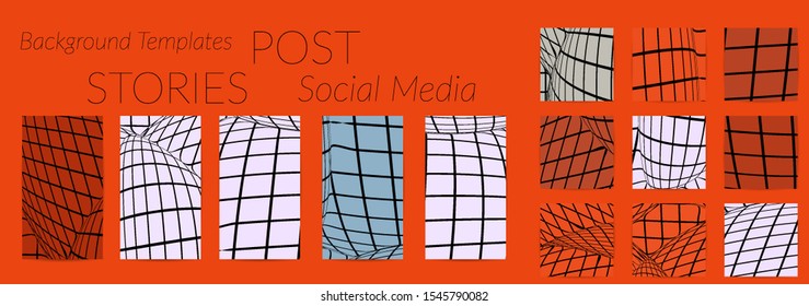 Abstract wireframe social media template with visual distortion effect. Optical art background. Warped 3D space. Futuristic vector illustration with grid on flat colored background