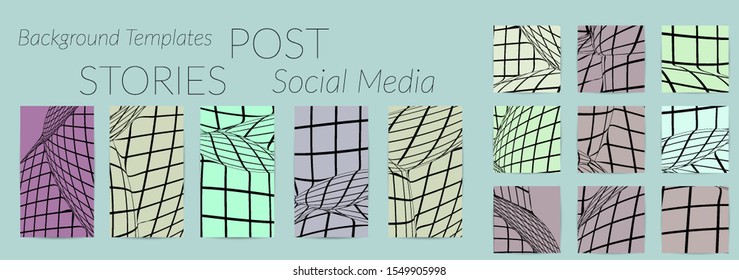 Abstract wireframe social media template with visual distortion effect. Optical art background. Warped 3D space. Futuristic vector illustration with grid on flat colored background