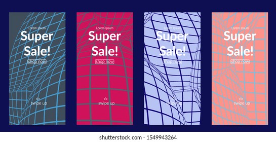 Abstract wireframe social media template with visual distortion effect. Optical art background. Warped 3D space. Futuristic vector illustration with grid on flat colored background